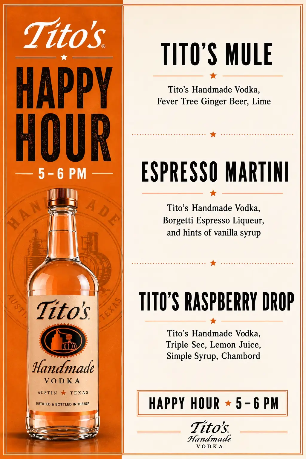 Tito's Friday happy hour 5-6pm September 4th