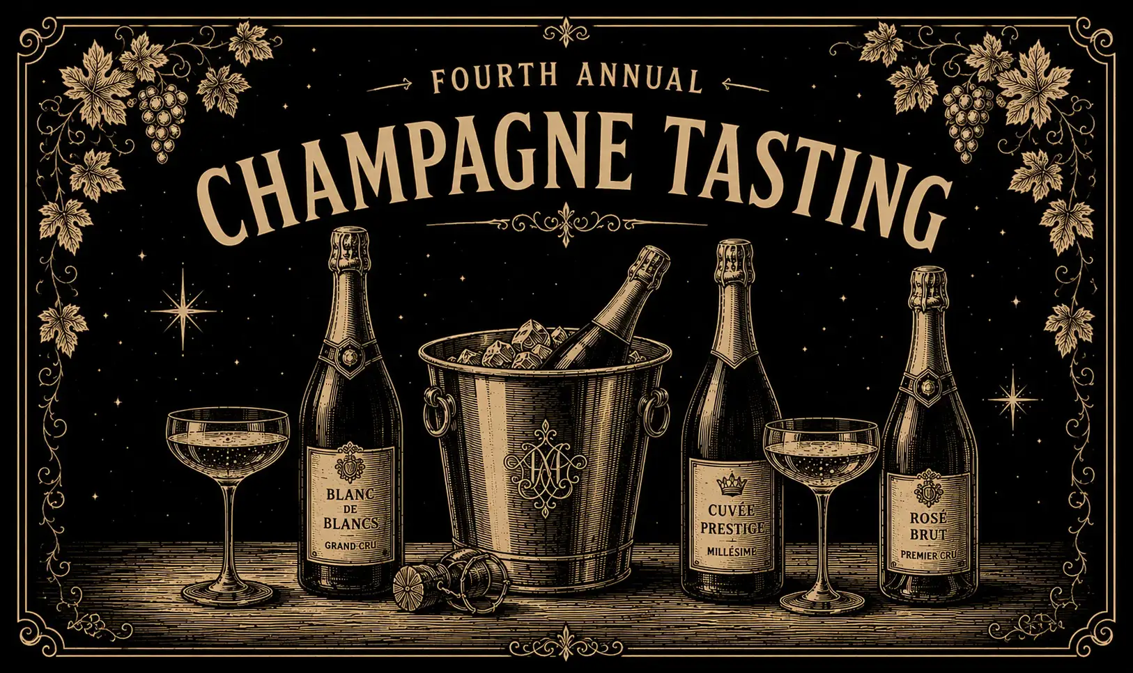 Fourth annual champagne tasting in words above bottles of champagne standing upright with a bottle chilled in an ice bucket